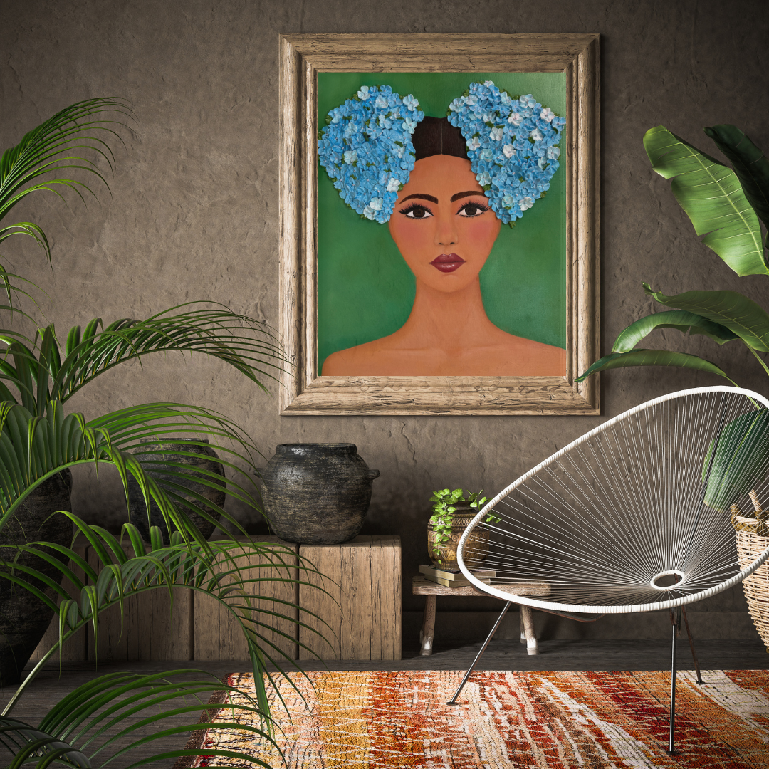 Frida colgada en una pared de barro con plantas tropicales alrededor