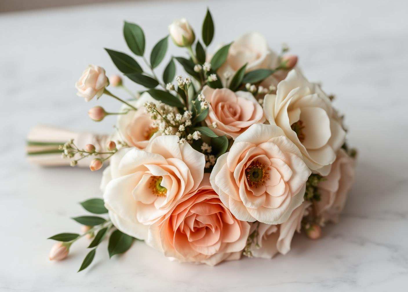 Ramo de novia sobre mármol con rosas en tonos crema y melocotón, a la espera de convertirse en obra de arte
