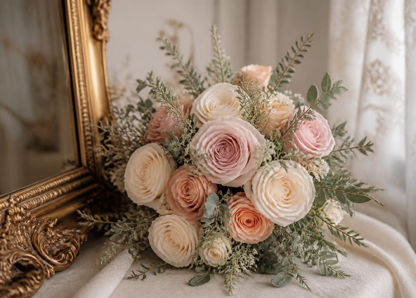 Ramo de novia sobre mármol con rosas en tonos crema y melocotón, a la espera de convertirse en obra de arte